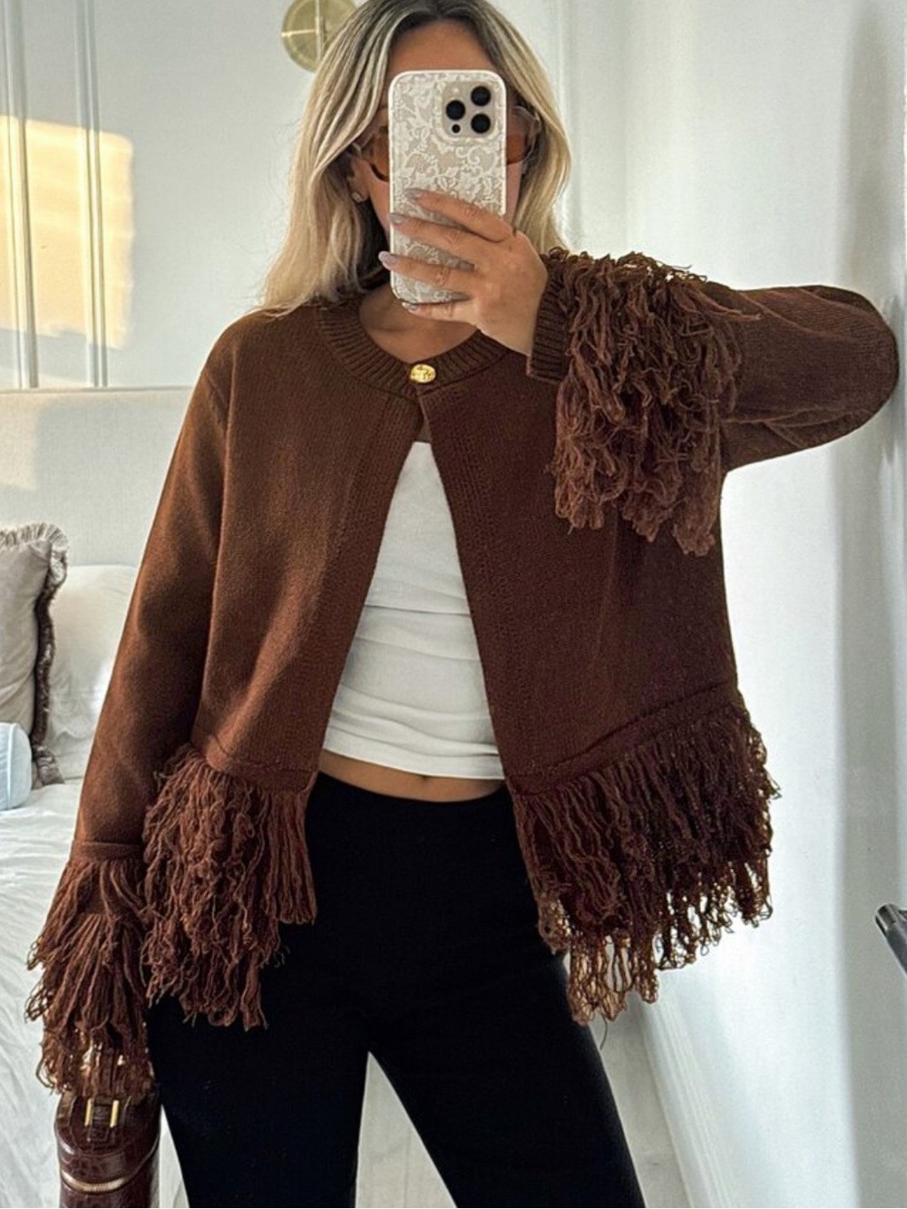 Women's Shades Of Brown Knitted Cardigan With Fringe-A Versatile, Vin